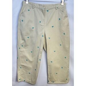 LL Bean Pants Capri 14P Khaki Straight Leg Embroidered Beach Chair 100% Cotton